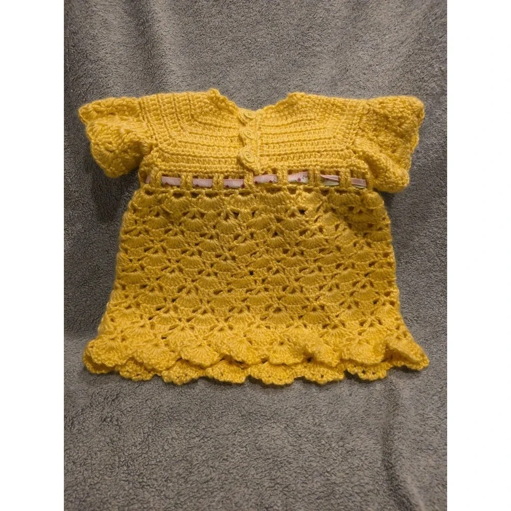 VTG Hand Crocheted Baby Dress Light Yellow Soft Spring‎ Flowers Fits 9-12m Girl
